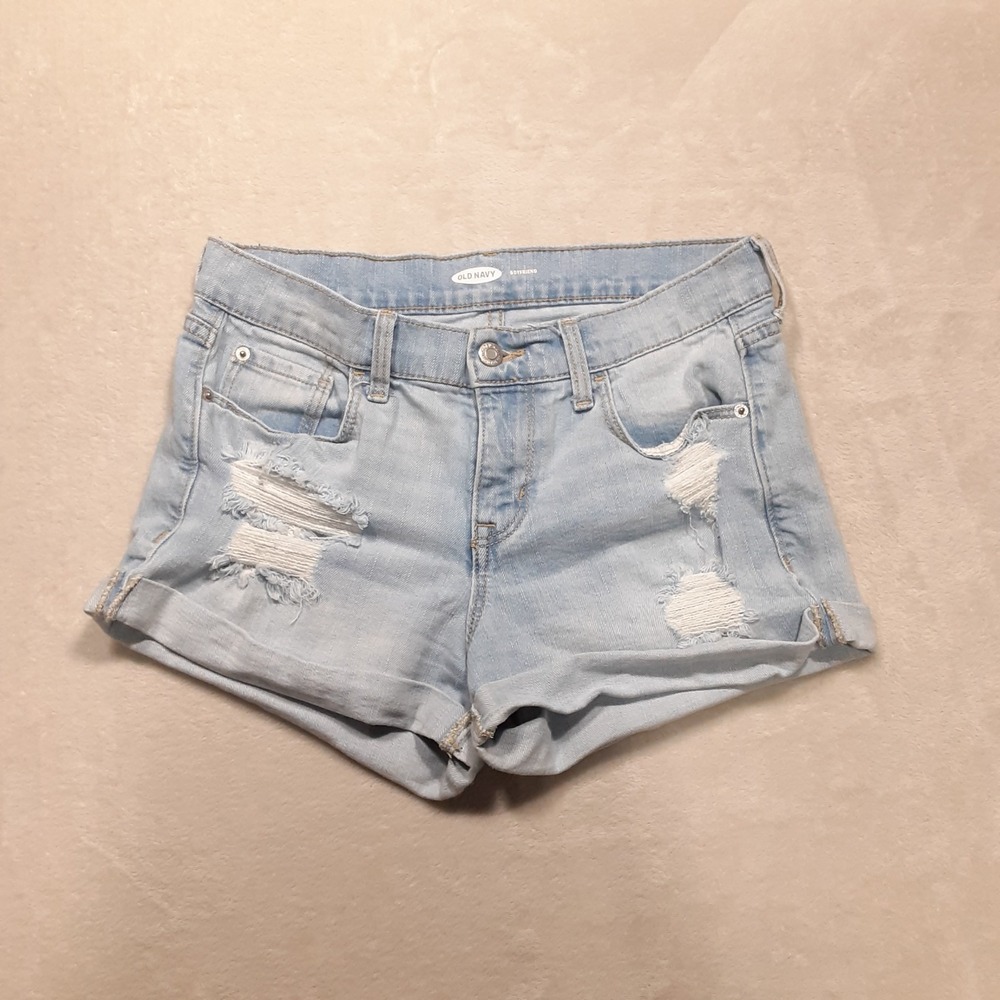 Old Navy Womans Boyfriend Shorts Sz 4 Lightwash Distressed Denim Cotton Spandex